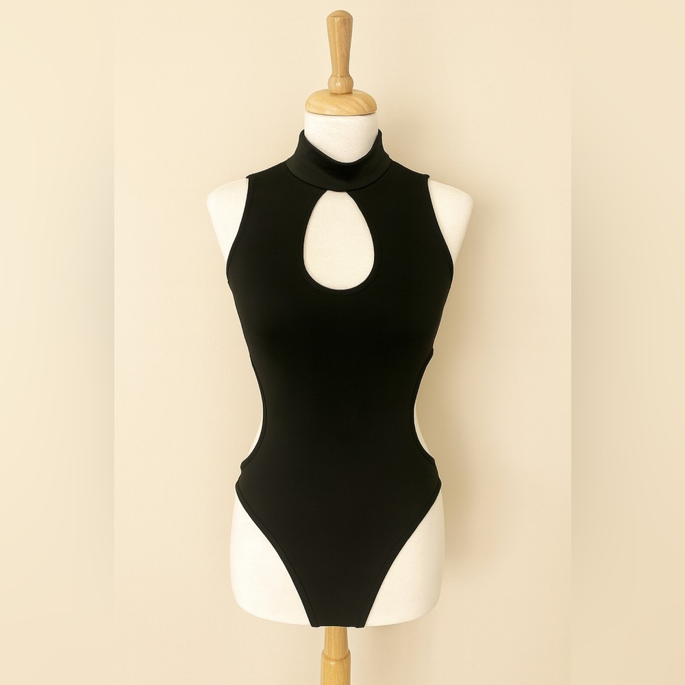 Sleeveless Black Cut-Out Mock Neck Bodysuit - Size S